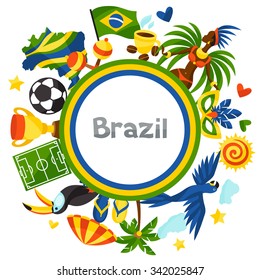 Brazil background with stylized objects and cultural symbols.