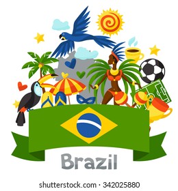 Brazil background with stylized objects and cultural symbols.