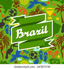 Brazil background with stylized objects and cultural symbols.