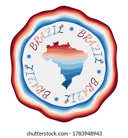 Brazil badge. Map of the country with beautiful geometric waves and vibrant red blue frame. Vivid round Brazil logo. Vector illustration.