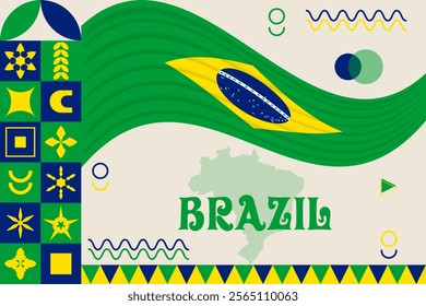  Brazil banner with cultural design. Independence day design for Brazil celebration. Modern neo geometric retro design with flag, map and abstract icons. Green and Yellow. Vector Illustration