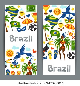 Brazil banners with stylized objects and cultural symbols.