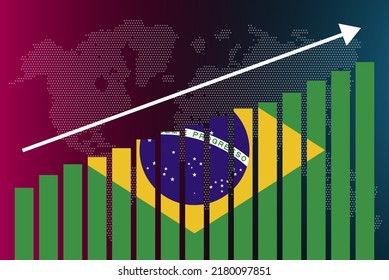 Brazil bar chart graph, increasing values, country statistics concept, Brazil country flag on bar graph, upward rising arrow on data, news banner idea