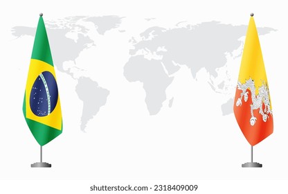 Brazil and Bhutan flags for official meeting against background of world map, vector