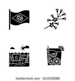 Brazil black glyph icons set on white space. National flag. Plumeria. Caipirinha. Sand castle on coast. Ipê tree. Traditional cocktail. Ocean beach. Silhouette symbols. Vector isolated illustration