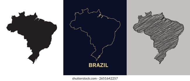 BRASIL Preto, Ouro, Esboço Mapa Ilustração Vetor Abstrato Imagem editável