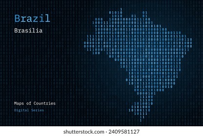 Brazil Blue Map Shown in Binary Code Pattern. TSMC. Matrix numbers, zero, one. World Countries Vector Maps. Digital Series