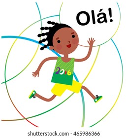 Brazil boy running in to the rings and saying Ola!  Sprinter vector illustration.