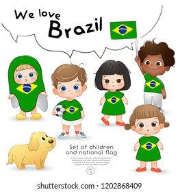 Brazil : Boys and girls holding flag and wearing shirts with national flag print : Vector Illustration