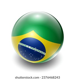 Brazil (BRA) Brazilian Nation Flag 2.5D Isometric View, Glossy Sphere Design, Flag Symbol Icon, Button Presentation Element Template Isolated on White Background