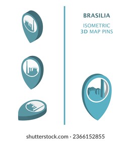 Brazil Brasilia 3D vector logo set. Isometric map pin, geolocation pointer, modern skyline icon, concept, isolated graphic for South America country