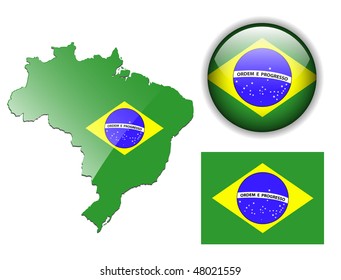 Brazil, Brazilian flag, map and glossy button, vector illustration set.