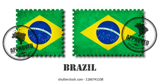 Brazil or brazilian flag pattern postage stamp with grunge old scratch texture and affix a seal on isolated background . Black color country name with abrasion . Square and rectangle shape . Vector .
