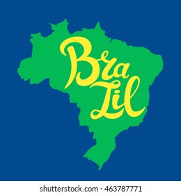 Brazil brush lettering on a silhouette map. Vector illustration. Isolated elements
