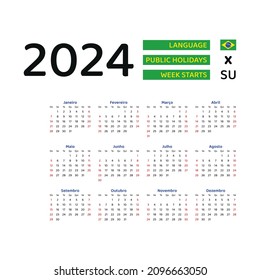 Brazil Calendar 2024. Week starts from Sunday. Vector graphic design. Portuguese language.