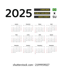 Brazil Calendar 2025. Week starts from Sunday. Vector graphic design. Portuguese language.