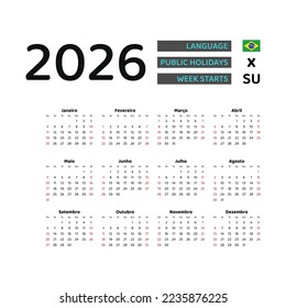 Brazil Calendar 2026. Week starts from Sunday. Vector graphic design. Portuguese language.