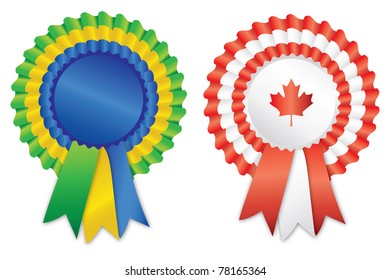 Brazil and Canada flag rosette ribbon vector isolated on white background