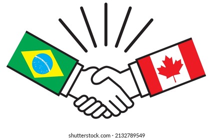 Brazil and Canada, handshakes with flags. Image illustrations of wars, conflicts, alliances, reconciliations, agreements between nations, icons.