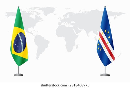 Brazil and Cape Verde flags for official meeting against background of world map, vector