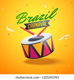 Brazil Carnaval celebration poster design with illustration of drum with sticks on glossy orange background.