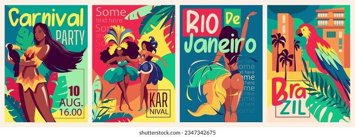 Folleto sobre la cubierta del carnaval brasileño diseñado a la moda. Plantillas de afiches con mujeres con brillantes trajes de festival, decoración de palmas y loros, invitaciones a eventos tradicionales. Ilustración vectorial.