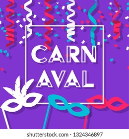 Brazil Carnaval Event Sign  With Colorful Party Elements,  Masks And Confetti
