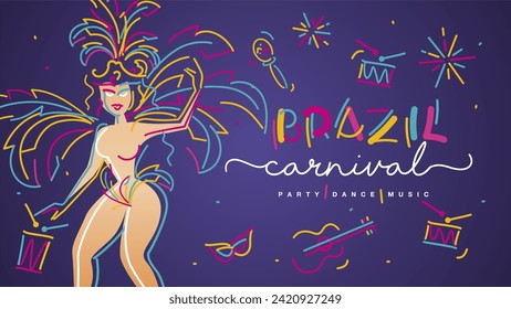 Brazil Carnival 2024 party dance music. Party girl colorful masked with carnival elements drums rattles guitar sparkle firework isolated on purple background