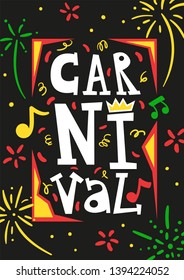 Brazil carnival annual festival invitation   card poster banner with colorful fireworks serpentine black background abstract vector illustration