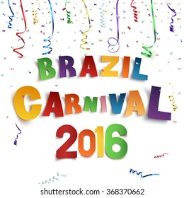 Antecedentes del carnaval de Brasil con confetti y coloridas cintas sobre fondo blanco. Ilustración vectorial.