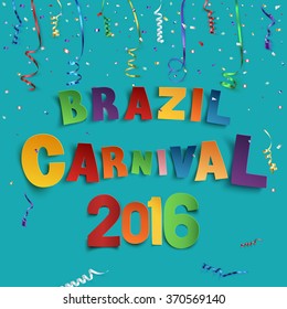 Brazil carnival background with confetti and colorful ribbons on blue background. Vector illustration.