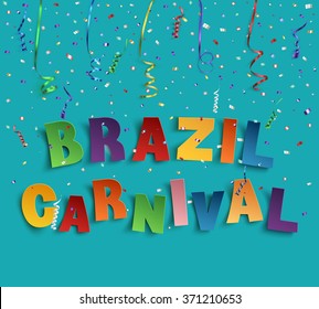 Brazil carnival background with confetti and colorful ribbons on blue background. Vector illustrations.