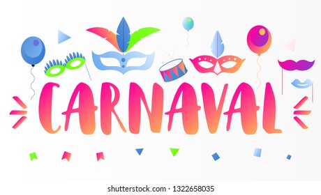 Brazil Carnival Banner. Adwertisement for Popular Event - Brasil Carnaval - Text and Masquerad Icons on White Background. Vector Illustration.
