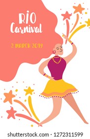 Brazil Carnival Banner with Dancing Woman. Rio de Janeiro Traditional Festival with Girl Character in Festive Costume for Invitation, Poster, Card. Vector illustration