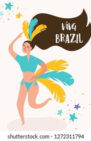 Brazil Carnival Banner with Dancing Woman. Rio de Janeiro Traditional Festival with Girl Character in Festive Costume for Invitation, Poster, Card. Vector illustration