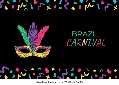 Brazil carnival banner, poster, flyer. Happy Purim. Mardi gras carnival and festival. Colorful template with confetti and masks and place for text. Vector.