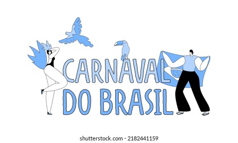 Brazil Carnival Banner. Young Man with National Flag and Girl in Feathered Dress Dance on Traditional Rio Carnaval. Characters at Music Festival, Performance Poster. Cartoon People Vector Illustration