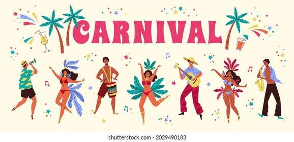 Carnaval de Brasil. Palabra de gran partida y gente festiva feliz bailarinas y músicos, elementos tropicales vacacionales bebidas y palmas. Mujeres y hombres disfrazados con plumas y hojas, concepto vectorial