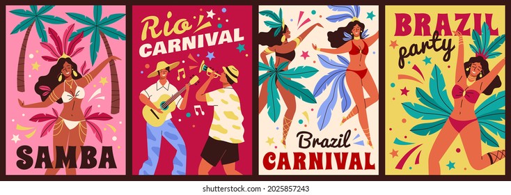 Brazil carnival cards. Happy beautiful dancing latino women and musicians men, big annual festival, colourful feathers costumes. Rio de janeiro samba festival posters vector cartoon set