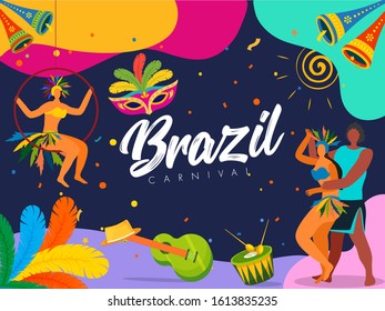 Brazil Carnival Celebration Background with Samba Dancers Enjoying and Music Instruments.