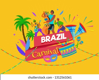 Brasilien Karneval-Fest Banner-Design mit lustigen liebenden Menschen Charakter-Illustration auf gelbem Hintergrund.