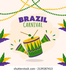 Brazil Carnival Celebration Concept With Music Instrument As Drum, Vuvuzela, Feathers And Dots Garland Decorated Background.