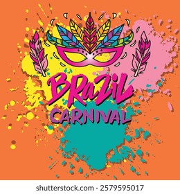 Brazil carnival celebration design. Colorful carnival background with mask and feathers. Vector illustration.