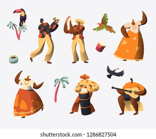 Brazil Carnival Character Set. Woman Dance in Traditional Brazilian Costume at Rio de Janeiro Holiday Celebration. Man Play Drum Music. Exotic People Parade Flat Cartoon Vector Illustration