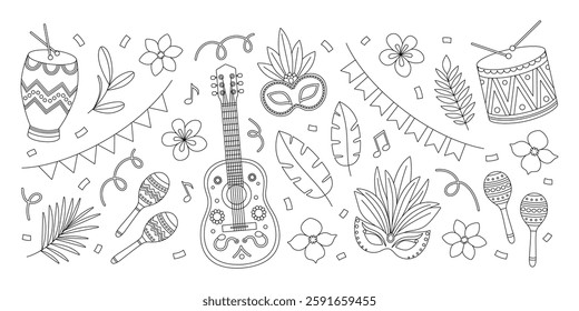 Brazil Carnival coloring page. Outline set with guitar, maracas, drums, masks with feathers, flowers, leaves, garlands and confetti. Contour festival elements collection. Coloring book for print