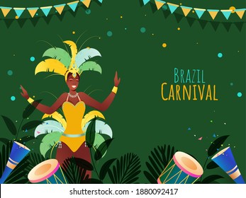 Brazil Carnival Concept With Samba Dancer Character, Drum Instruments, Leafes And Party Popper On Green Background.