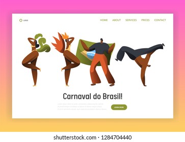 Brazil Carnival Dancer Character Landing Page. Man Woman Dance at Brazilian National Holiday Vivid Festival. Exotic Multicolor Carnaval Website or Web Page Flat Cartoon Vector Illustration