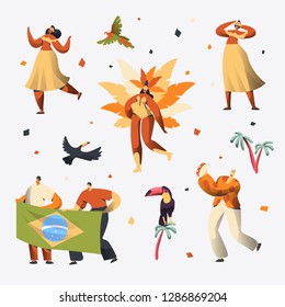 Brazil Carnival Dancer Character Set. Woman Dance in Traditional Brazilian Costume at Rio de Janeiro Happy Holiday Celebration. Man Hold Flag. Latino People Parade Flat Cartoon Vector Illustration