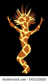 Brazil carnival dancer vector silhouette illustration isolated on black background. Rio De Janeiro entertainment. Attractive lady in animal print giraffe costume. Pretty woman dance.