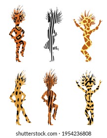 Brazil carnival dancer vector silhouette illustration. Rio De Janeiro entertainment. Attractive lady in animal print zebra costume. Jaguar woman. Tiger lady. Giraffe costume. Leopard pattern over girl